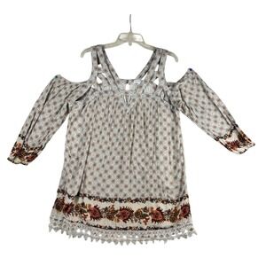Coco+Jameson Top Womens XL Cream/Orange Floral Cold Shoulder Boho Cottagecorp